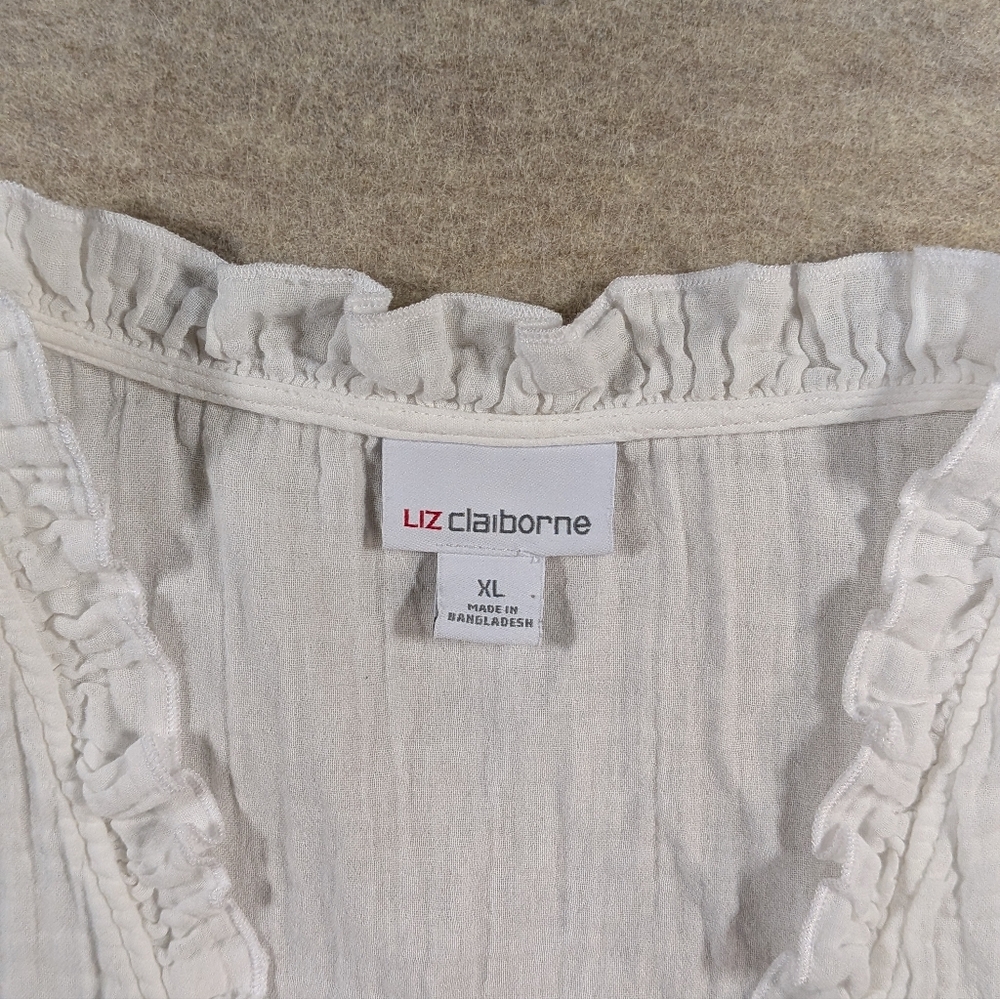 100% Cotton White Gauze Ruffle Sleeveless Top Blouse Liz Claiborne Vintage XL - Picture 2 of 8
